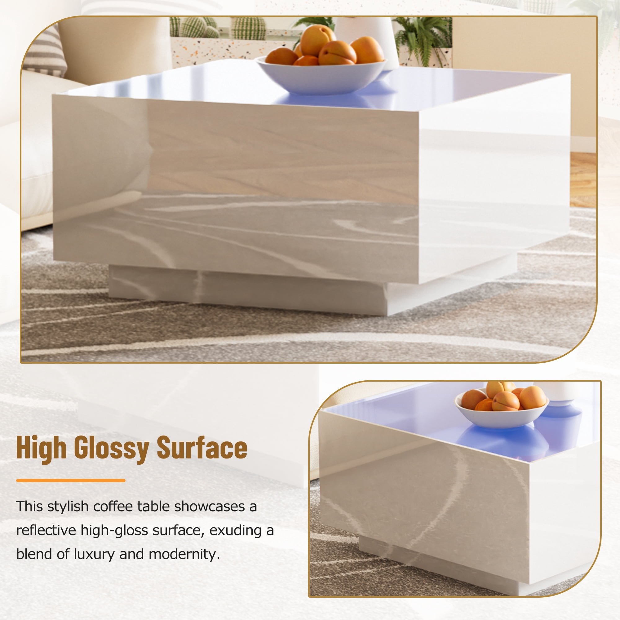 MAYEERTY Square High Glossy Coffee Table with 16-Color LED Strip Lights, Modern Center Table with 5mm Frosted Tempered Glass Top for Living Room, White, 27.5*27.5in