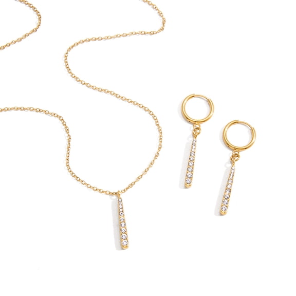Sunyuer Golden 18K Gold-Plated Stainless Steel Bar Zirconia Necklace & Hoop Earrings Set - Elegant & Versatile for Women