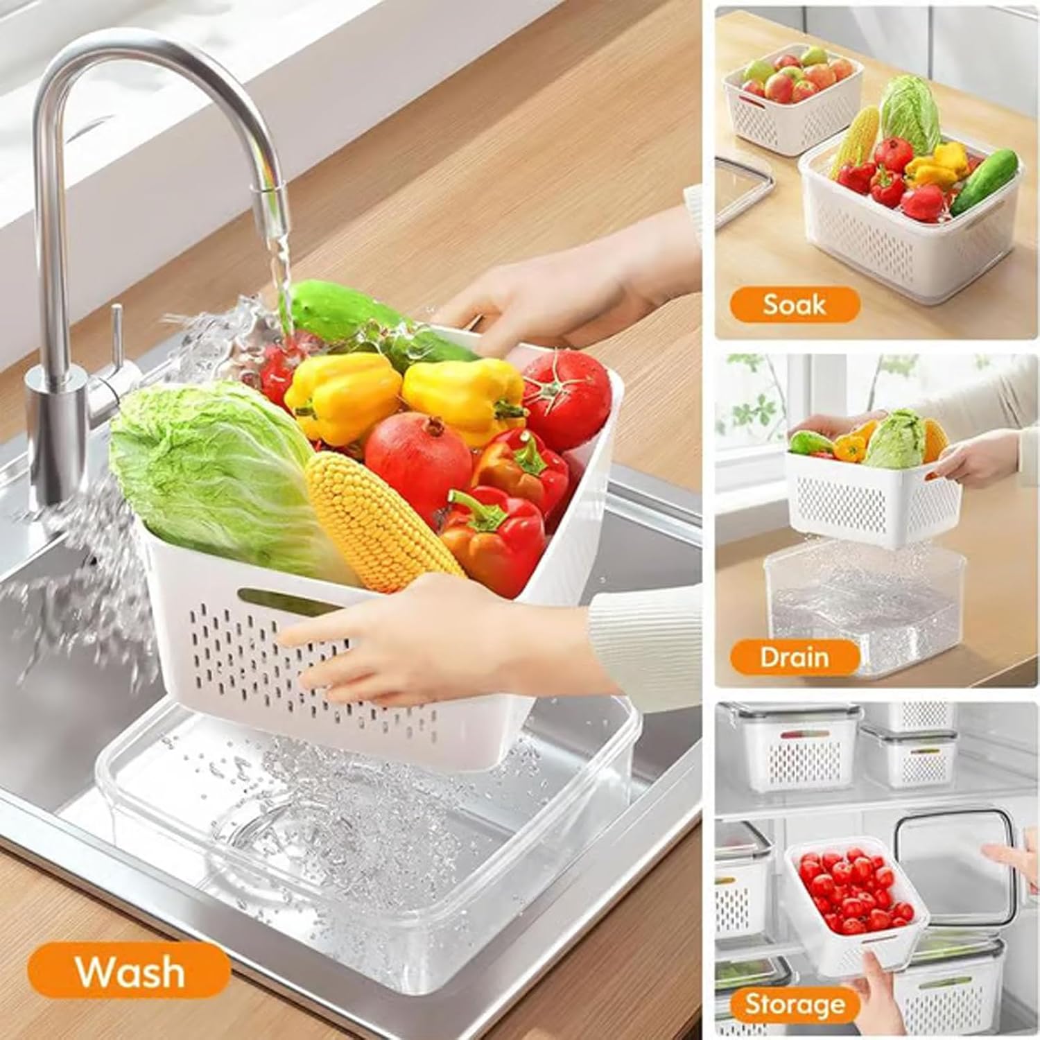 KANOHENO Food Storage Box - Clear Plastic Berry Basket for Fridge w/ Removable Lid ,Ventilated Double-Layer Drainage Design , Fruit & Vegetable Storage Containers for Indoor/Outdoor Use