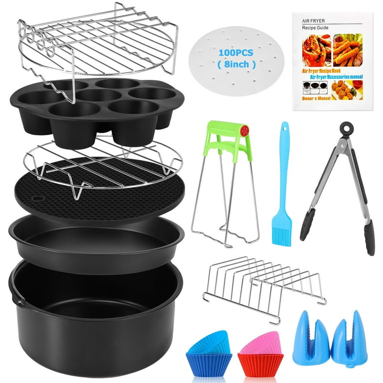 10 Pcs Air Fryer Accessories Set Food-grade Air Fryer Accessories with Cake Basket Pizza Pan Stainless Steel Skewer Rack Oil Brush and More Non-Stick