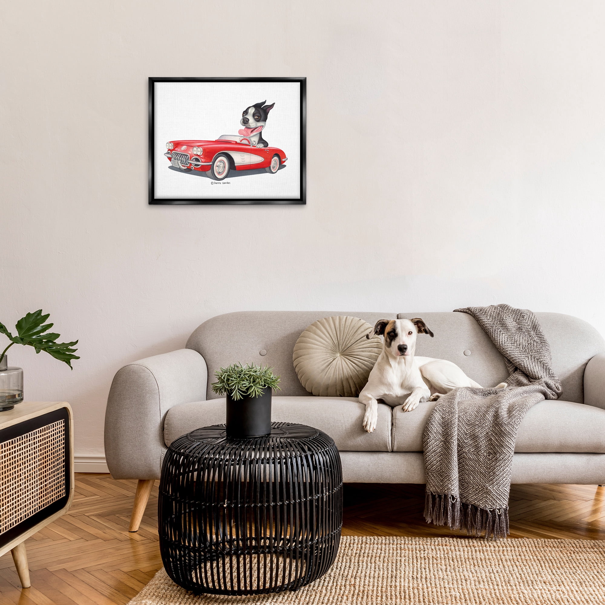 Stupell Industries Dog Driving Vintage Convertible Animals & Insects Painting Black Floater Framed Canvas Art Print Wall Art, 31 x 25