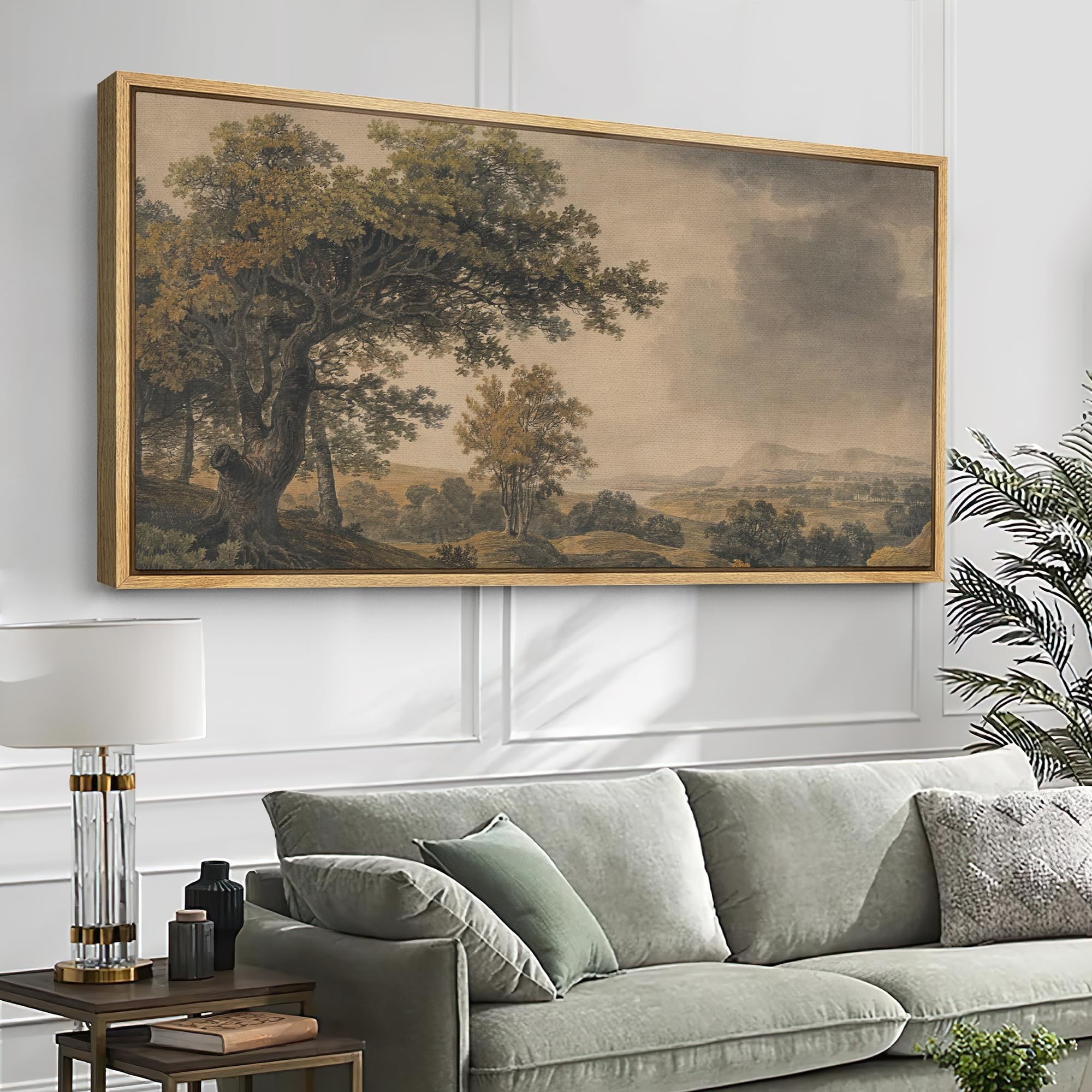 IDEA4WALL Extra Large Framed Canvas Print Wall Art Pastoral Countryside Landscape with Trees Vintage Art Nature Wilderness Retro Wall Decor Oversized Artwork Relax/Calm for Room Decor - 60"x30"