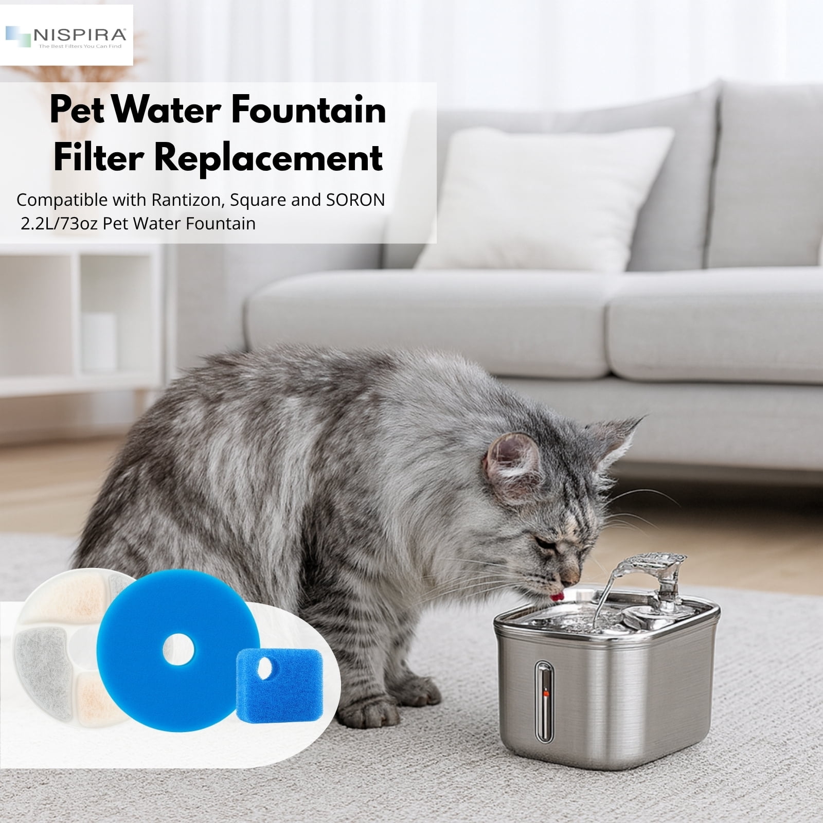 Nispira Cat Water Fountain Filter Replacements for Rantizon, Square and SORON 2.2L/73oz Stainless Steel Pet Water Fountain, 12 Packs
