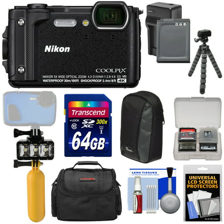 Nikon Coolpix W300 4K Wi-Fi Shock & Waterproof Digital Camera (Black) + 64GB Card + Battery & Charger + Diving LED Video Light + Buoy + Cases + Tripod
