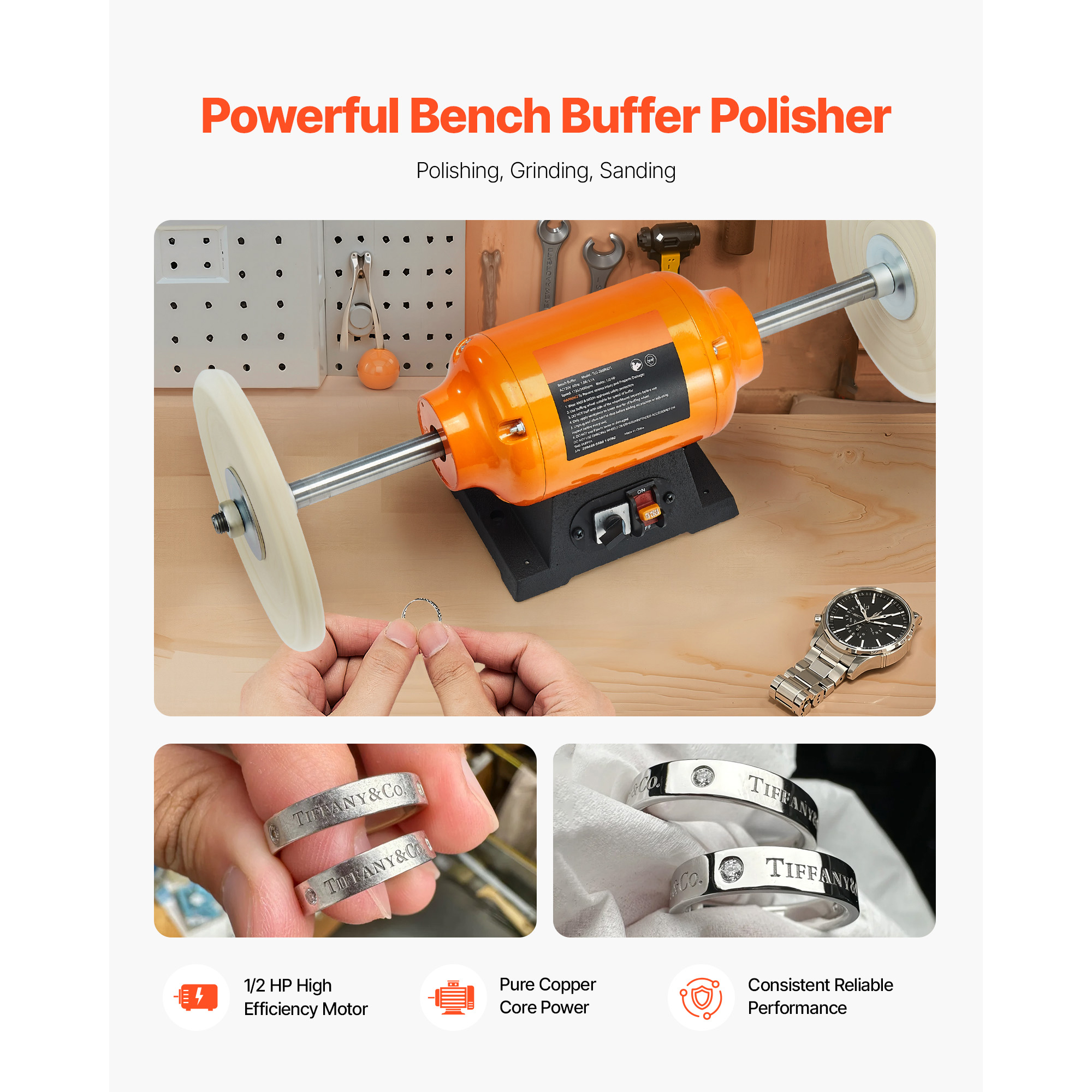 KFFKFF 1/2HP Bench Buffer Polisher, 8-inch Bench Buffing and Polishing Machine, Dual Speed 1725RPM/3450RPM with Cotton Wheels & Durable Cast Iron Base for Metal, Jewelry, and Wood Finishing