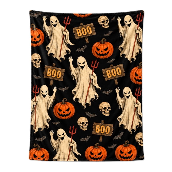 Halloween Blanket, Ghost Boo Jack O Lantern Skull Design, Soft Cozy Flannel Throw, Gift for Adults, Couch Sofa Bed Home Decor 50x40