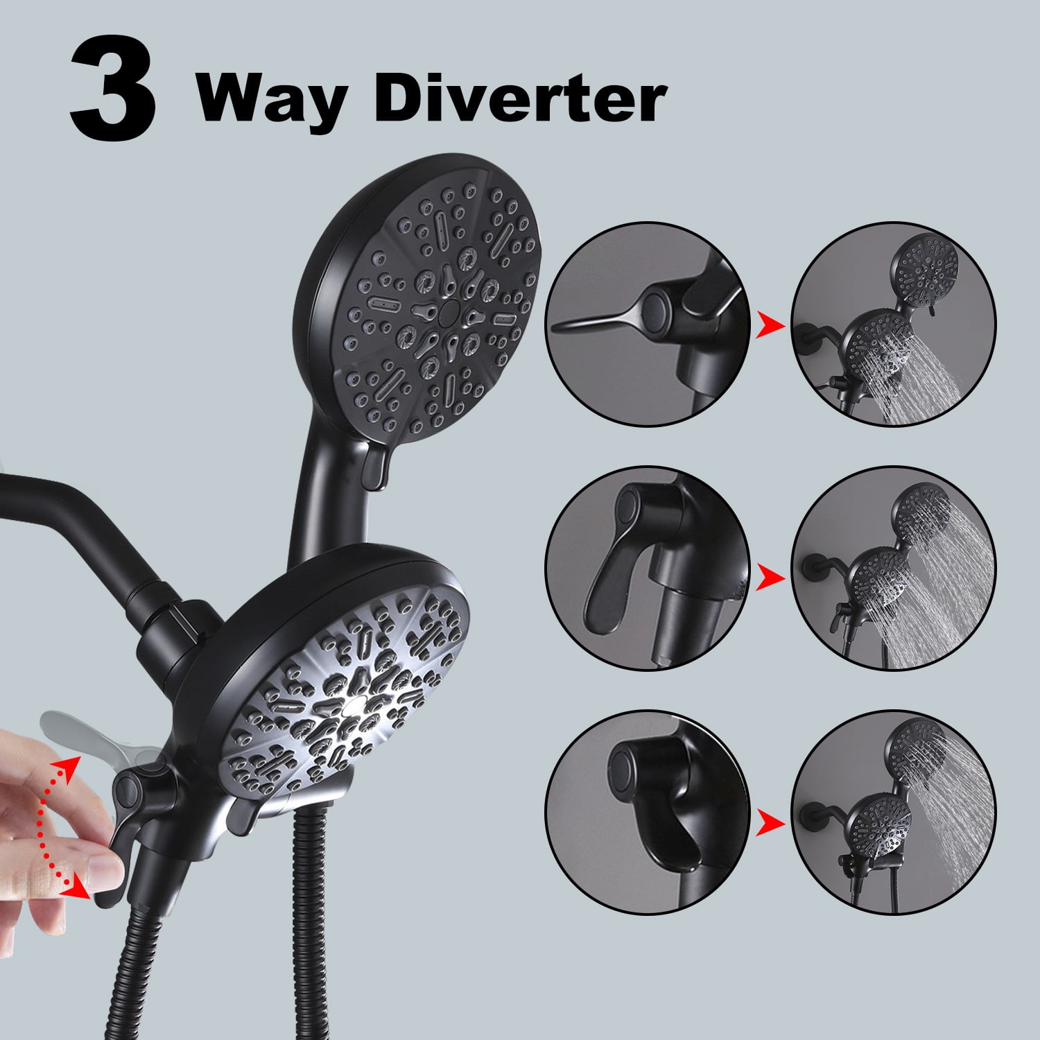 High Pressure 3-Way Rainfall Combo, Rain Showerhead and Hand Held Shower Separately or Together, Comes with Shower Hose, Shower Arm