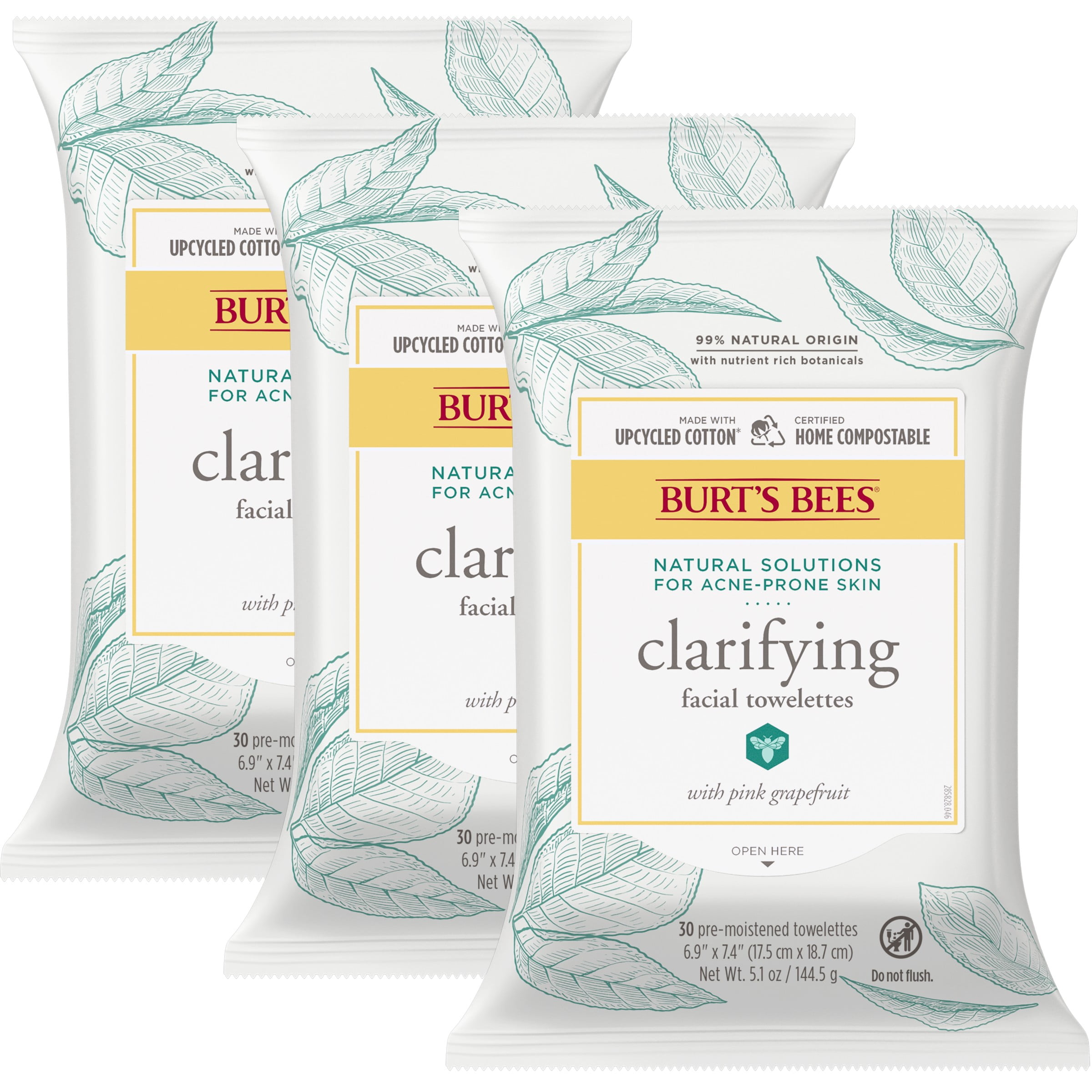Burt’s Bees® Clarifying Facial Cleanser Towelettes for Acneprone Skin, Pink Grapefruit, 30