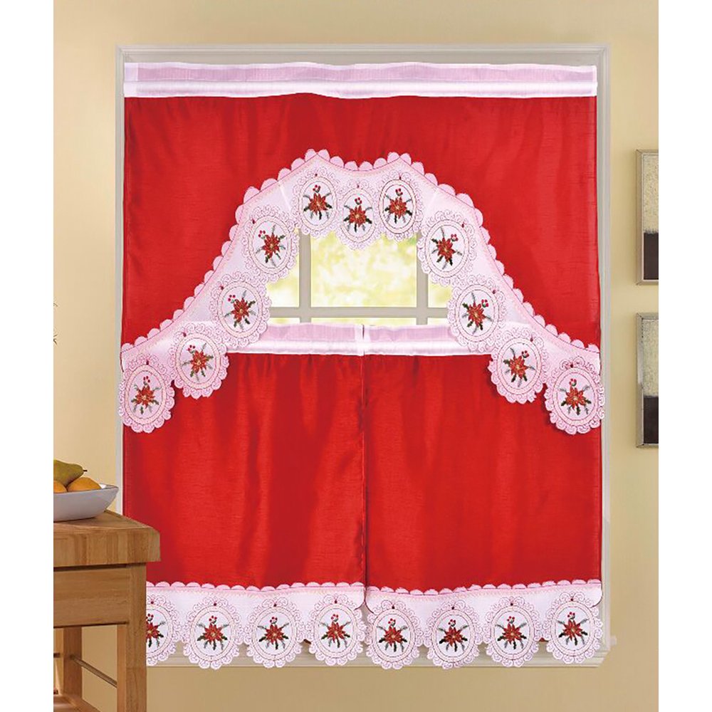 3Piece Holiday Embroidered design Royal Poinsettia Kitchen Curtain Set
