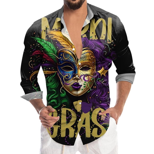 NLLSHGJ T-Shirts Graphiques pour Hommes Mode Carnaval Imprimé Numérique 3D Manches Longues Chemise à Boutons Col Rabattu Chandails en Molleton pour Hommes T-Shirts pour Hommes Violet Blanc