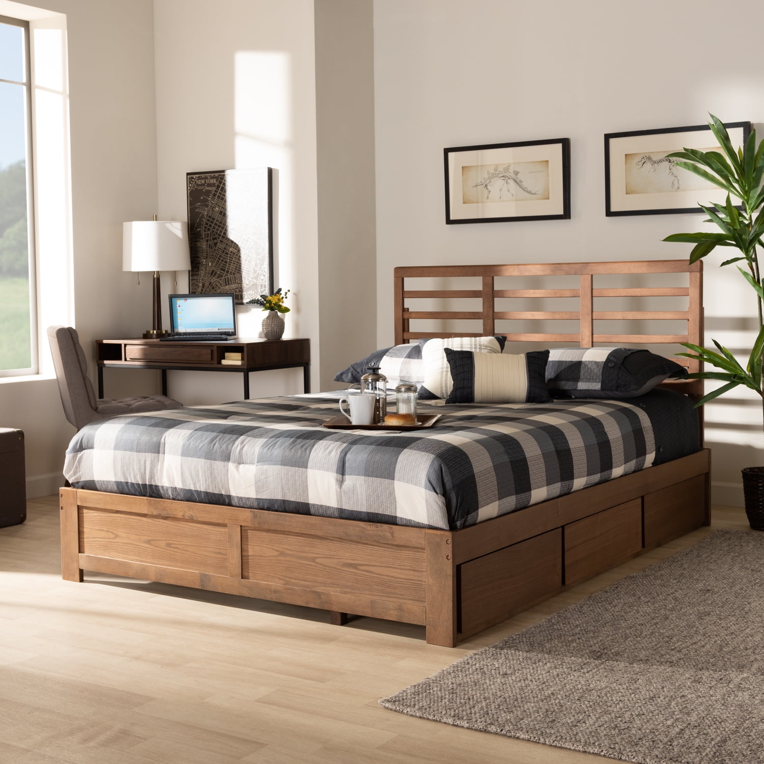 Baxton Studio Piera Contemporary Rubberwood Storage Platform Bed, Full