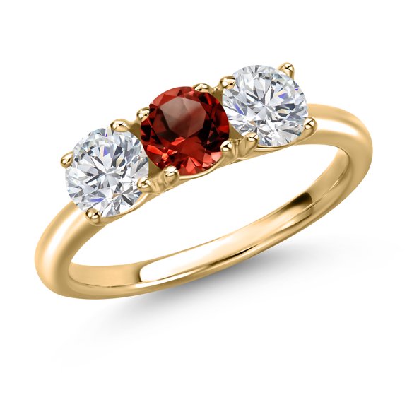 Gem Stone King 10K Yellow Gold Red Garnet and Lab Grown Diamond Engagement Ring for Women | 1.55 Cttw | Round 5MM | Gemstone January Birthstone | Size 6