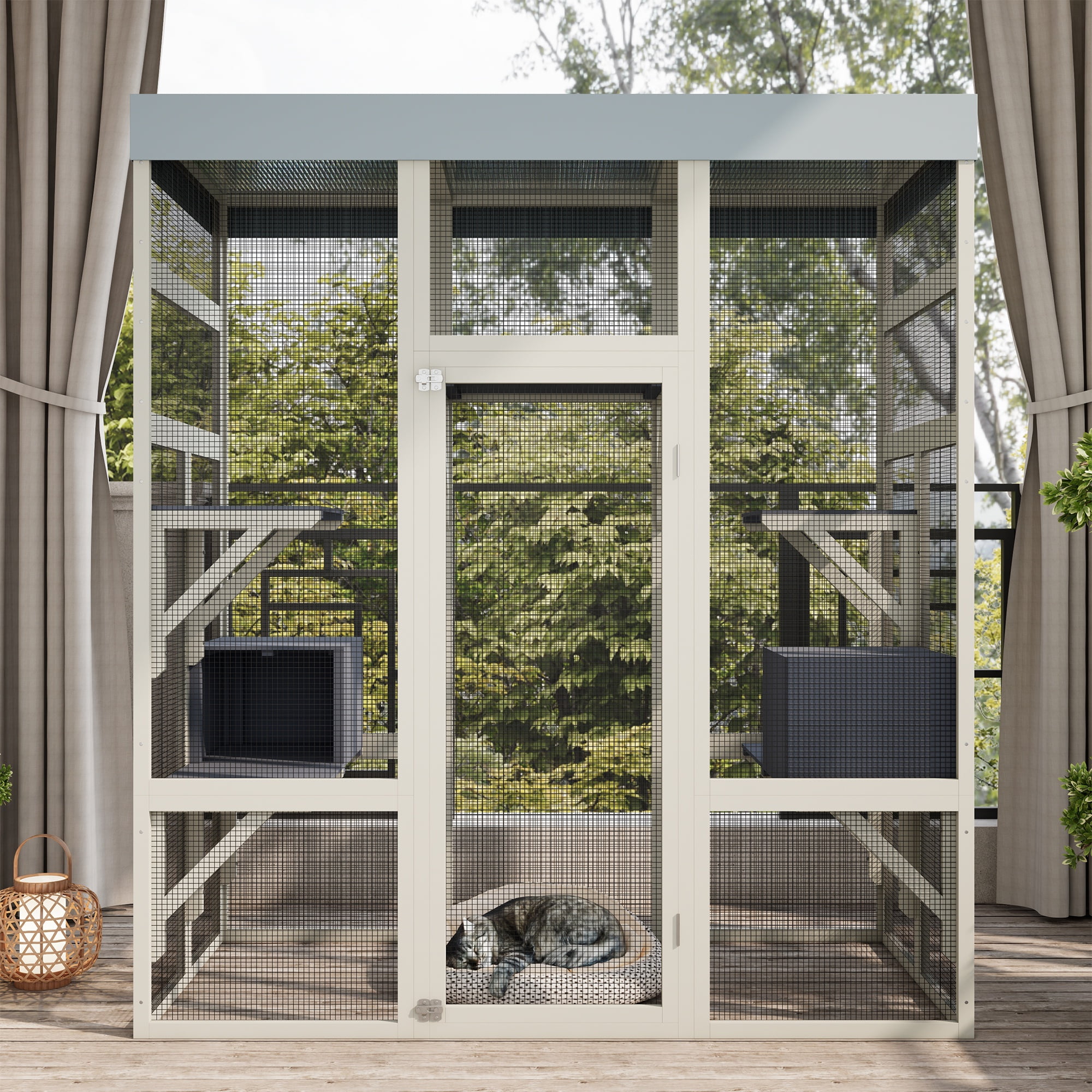 Seizeen Catio Cat House for Outdoor Indoor, Wooden Cat Enclosure with Resting Box, Platforms , 3-Tier Cat Cage Kitty House for Small Animal, Waterproof Roof