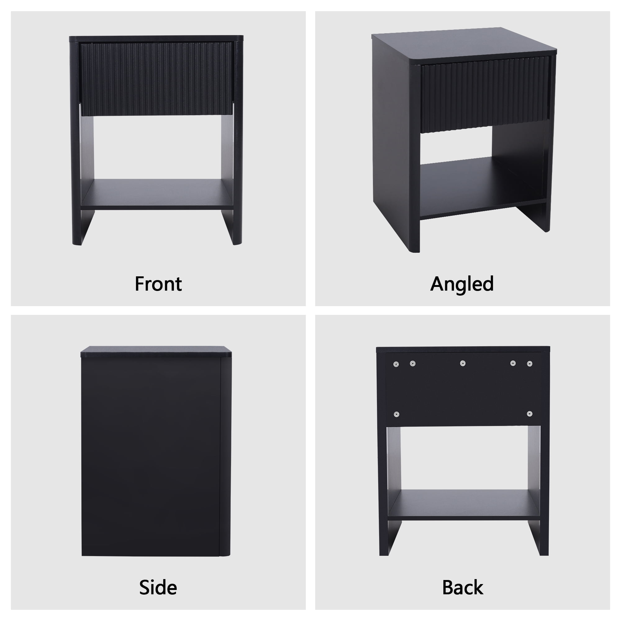Weselon Modern Fluted Nightstand Set of 2, Curved Side Bedside Table with Drawer and Open Shelf for Bedroom, Black