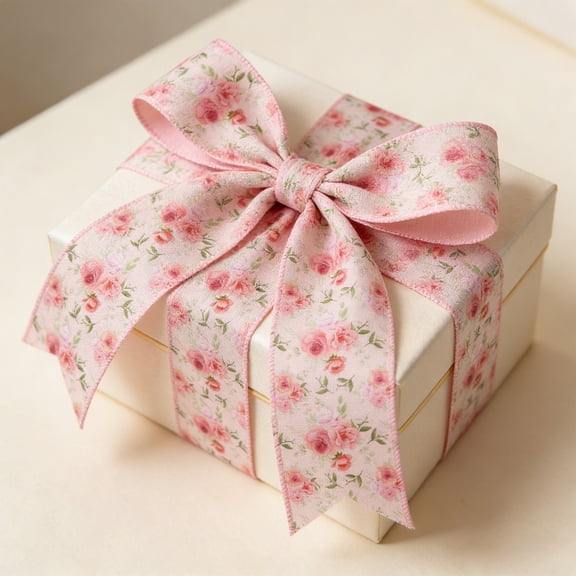 Luoshdecor 5Yard Pink Floral Bow Wired Edge Ribbon,Fabric Chinoiserie Ribbon for DIY Crafts Wreath Wrapping Bow Making