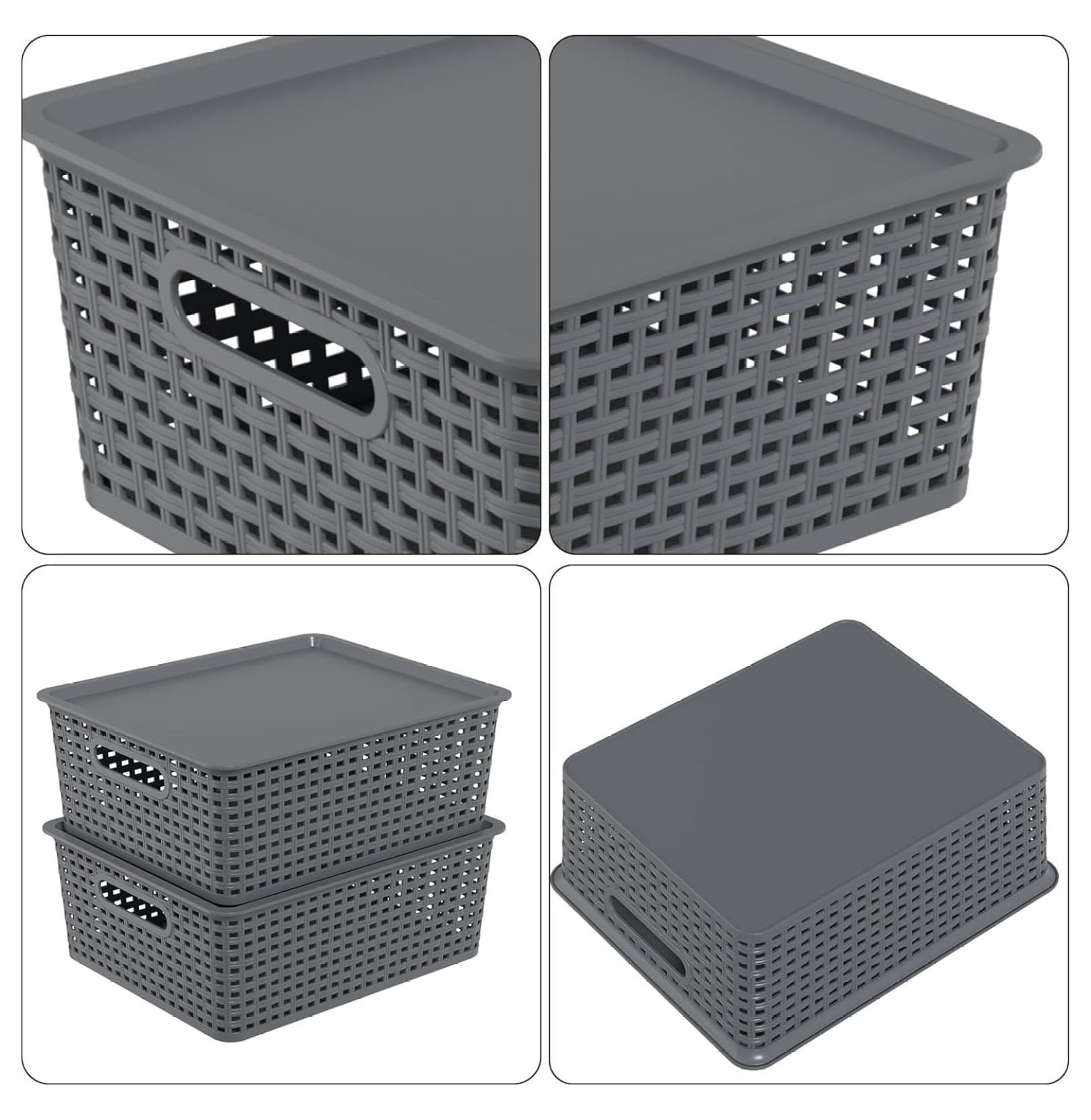 Plastic Woven Baskets 6 Pack, Stackable Storage Bins with Lids, Dark Grey - 14x12x5.3 Inch Organizer for Shelves, Closet, Home, Kitchen, Bathroom