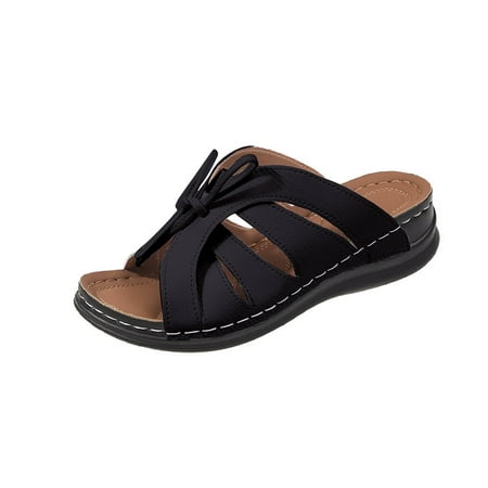 CHOII 50% off Clearance Women s Solid Color Flat Bottomed Casual Beach Shoe Women s Shoes Unique Bow Upper Stitching Design Thong Sandals Cushionaire Sandals Summer Sandals for Women 2024 Black/9