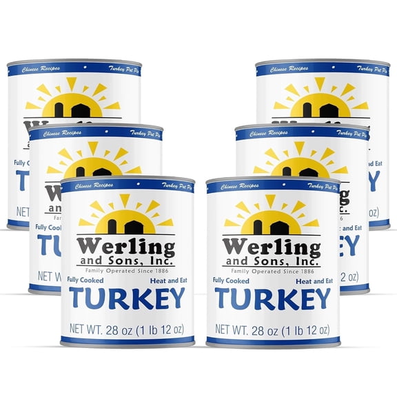 Werling & Sons Canned Turkey 28 oz – Fully Cooked, Heat & Eat | Recipe-Ready Canned Meat for Quick Meals, Camping, Emergency Food Supply & Survival | Shelf-Stable | Pack of 6