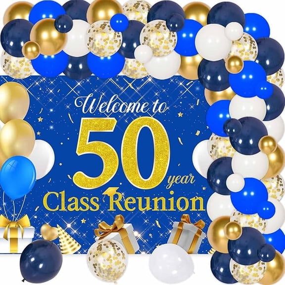 50th Year Class Reunion Party Decoration, Blue and Gold Balloon Arch,Blue and Gold 50th Anniversary Class Reunion Theme Backdrop Balloon Garland Kit