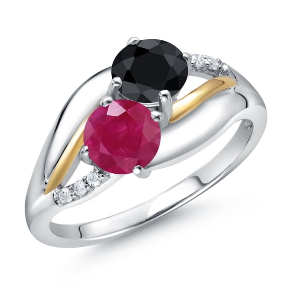 Gem Stone King 925 Sterling Silver and 10K Yellow Gold Red Ruby Black Sapphire and White Lab Grown Diamond 2 Stone Engagement Ring for Women (1.28 Cttw, Round 5MM, July Birthstone, Size 6)