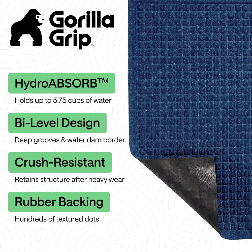 GORILLA GRIP HydroAbsorb Doormat, Indoor Outdoor Rubber Backed Weather Mat, 35x23, Blue