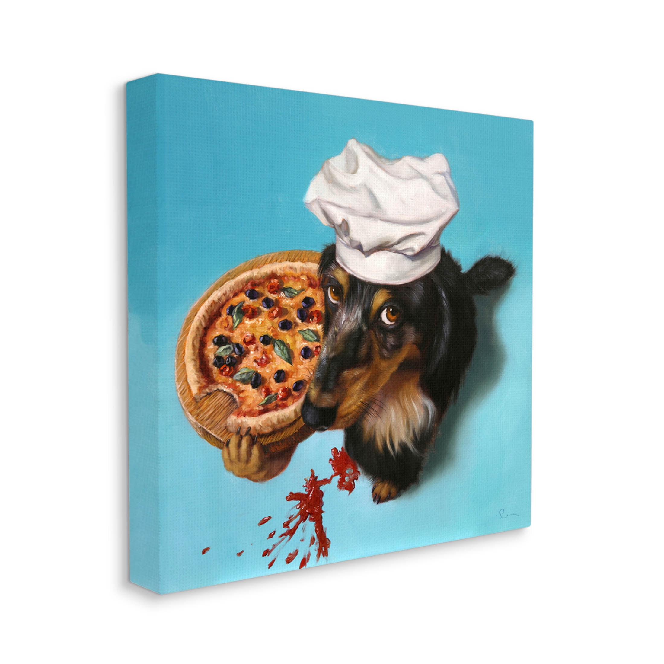 Dog Chef Pizza Bite Portrait Animals & Insects Painting Gallery Wrapped Canvas Print Wall Art