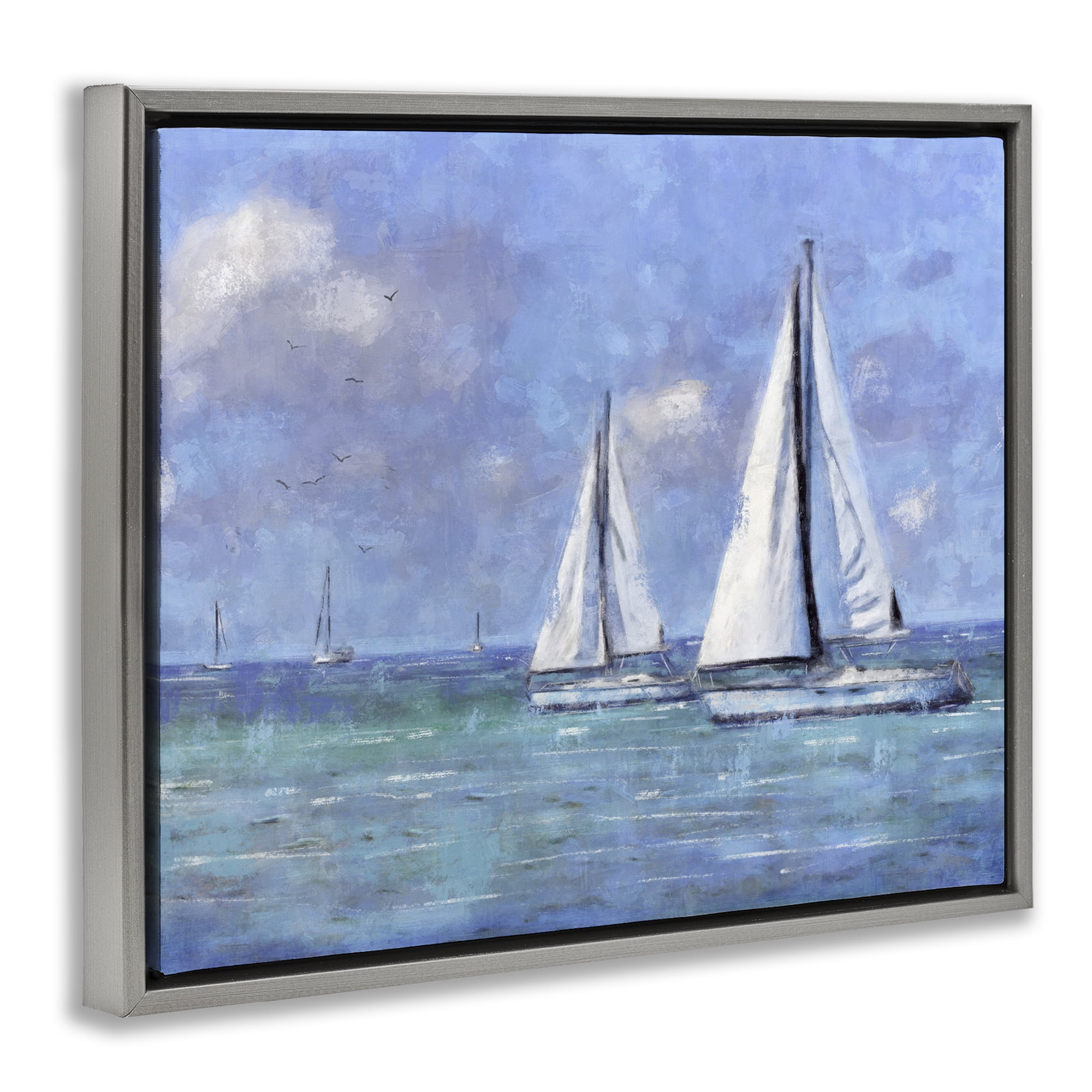 Stupell Industries Sailing Day Sailboats Landscape Painting Gray Floater Framed Canvas Art Print Wall Art, 21 x 17