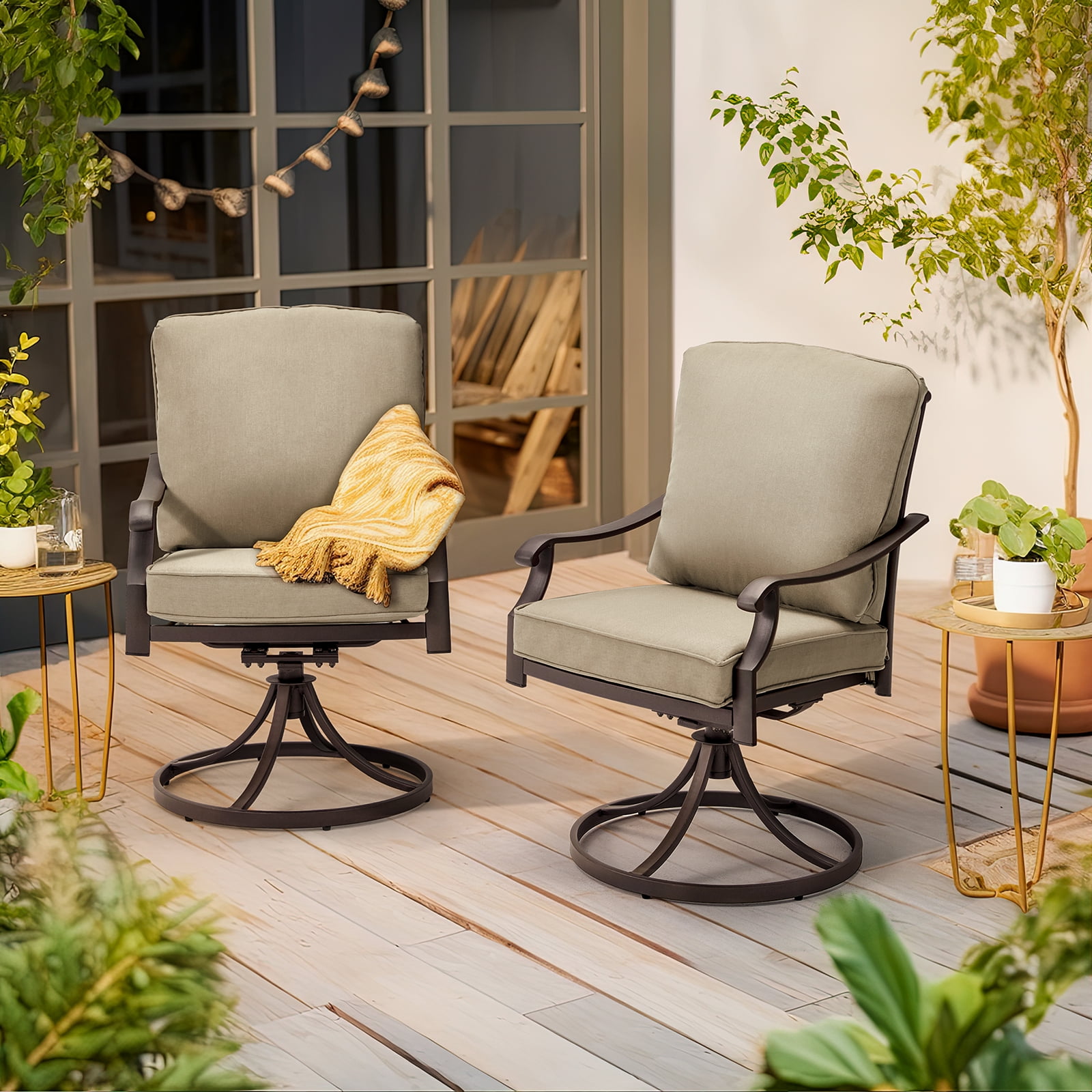 MELLCOM Patio Swivel Chair Set of 2, Heavy Duty Outdoor Dining Chairs with Thickened Cushions, Metal Patio Chairs Gentle Rocker for Outside, Garden Lawn & Porch, Backyard, Khaki