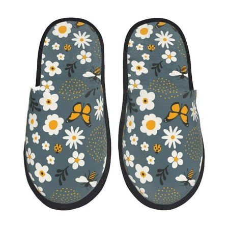 

Qekee Flowers and Bee print Slippers for Women and Men Fluffy Cute Cozy House Slipper Funny Furry Bedroom Slippers for Women Indoor -Medium