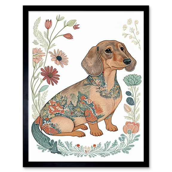 Dachshund Shorthaired Dog with Ornate Floral Patterns Colourful Colour Pencil Illustration Art Print Framed Poster Wall Decor 12x16 inch