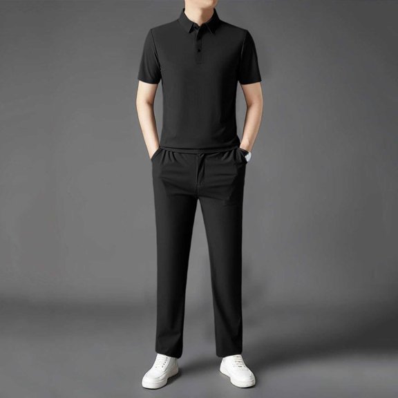 SOOMLON Business Casual Outfits for Men Big and Tall Short Sleeve Collared Shirts Dressy Pants with Pockets 2 Piece Sets