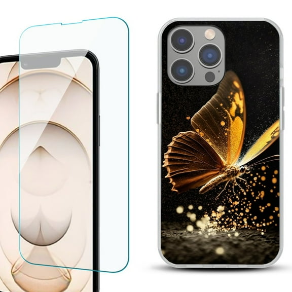 OneToughShield ® for iPhone 15 Pro Max Shockproof Fashion Phone Case, with Tempered Glass Screen Protector - Golden Butterfly