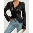 thumbnail image 5 of Women'S V Neck Lace Sheer Top Mesh See Through Shirts Open Front Tie Long Sleeve Blouses Y2k Going Out Tops Blue XL, 5 of 10