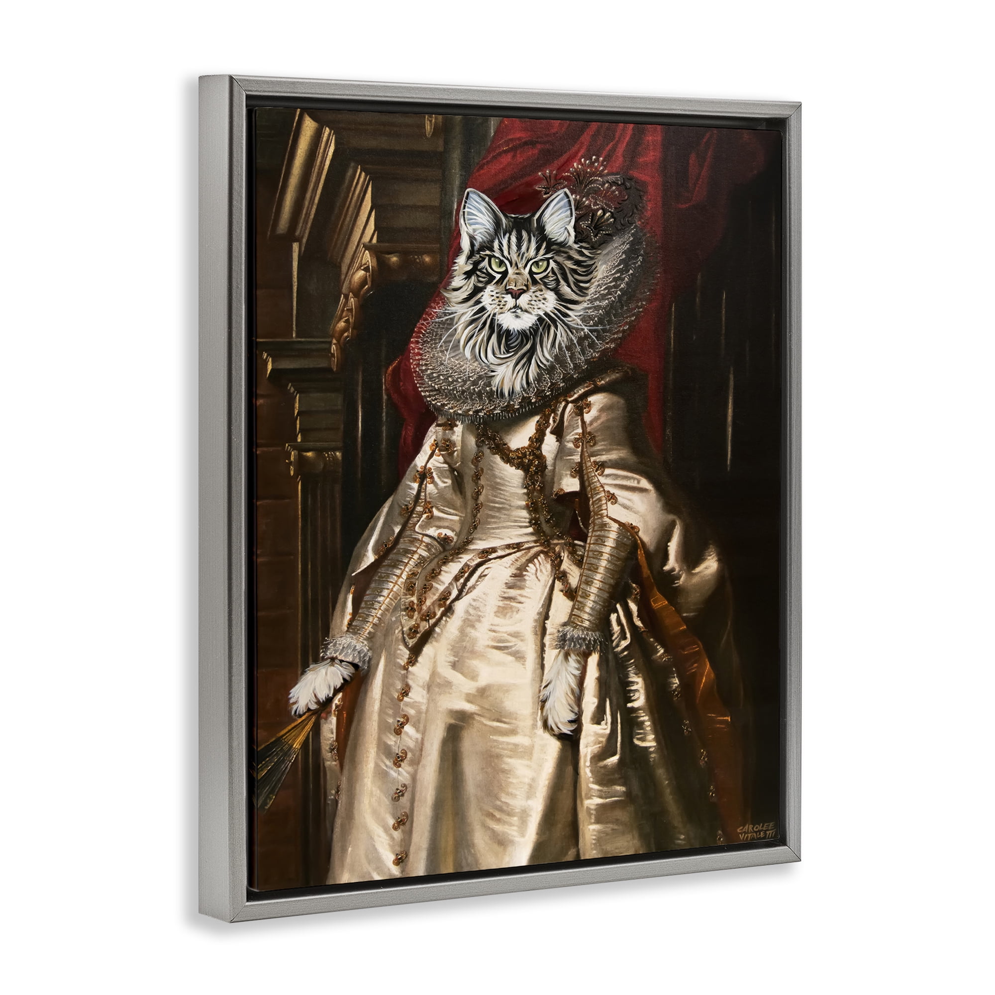Stupell Industries Renaissance Cat Portrait History & Language Painting Gray Floater Framed Canvas Art Print Wall Art, 25 x 31