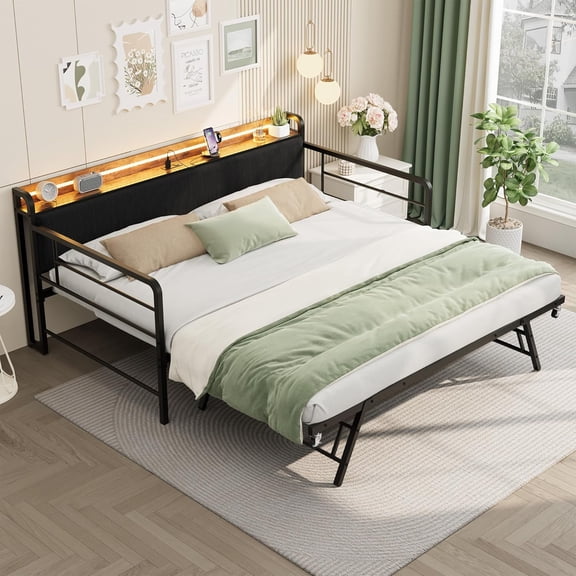 Studyset Twin Daybed with Trundle, Metal Twin Bed Frame with Charging Station and LED Light, Pop Up Trundle Bed with Corduroy Upholstered Storage Headboard for Living Room, Bedroom, and Guest Room