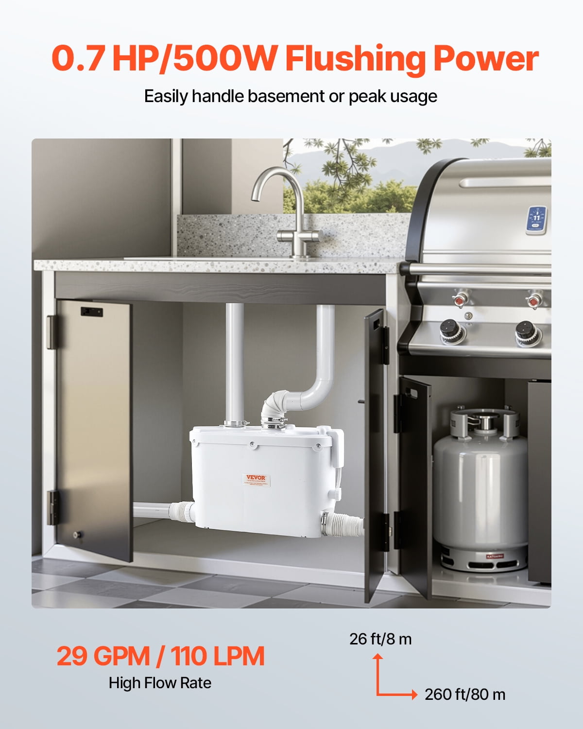 VEVOR Macerator Pump, 500W, 29 GPM Flow, 26 ft/8 m Head, Macerator Sewerage Toilet Pump with 4 Water Inlets, Waste Water Disposal Upflush Machine for Kitchen,Basement, Shower, Sink, Laundry,Bathtub