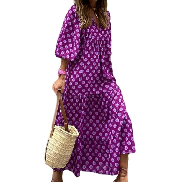 Bomotoo Ladies Lace Up Sundress Summer Swing Dress Puff Sleeve Maxi Kaftan Ruched Printed Casual 1578