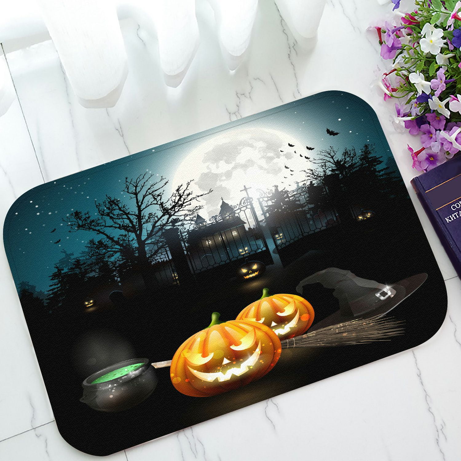 PHFZK Halloween Theme Doormat, Moon Pumpkin Castle Doormat Outdoors