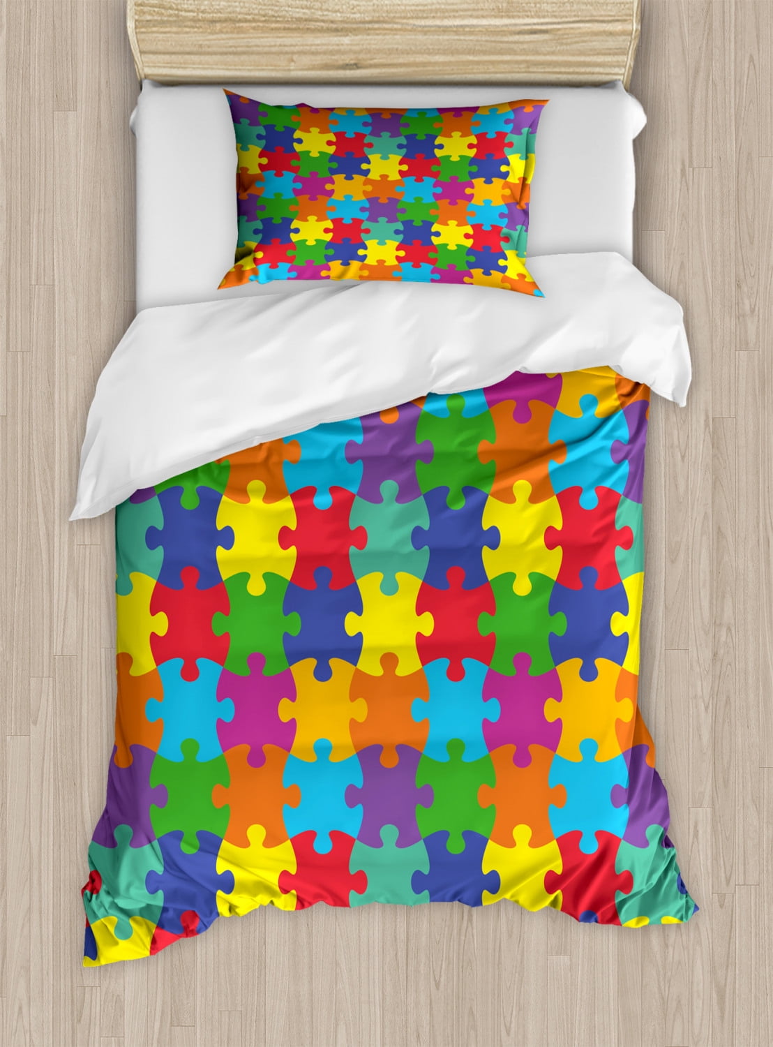 Colorful Duvet Cover Set, Nursery Theme Inspired Rainbow Colored Jigsaw