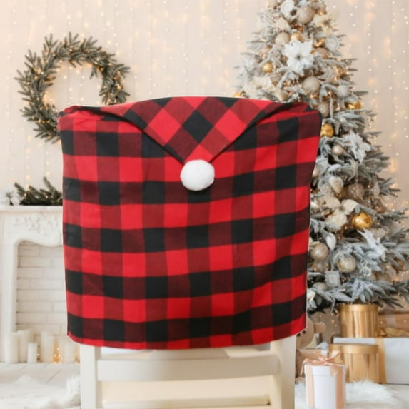 2PCS Christmas Chair Covers,Santa Hat Chair Covers,Dining Table Chair Slipcovers Buffalo,Xmas Protective Chair Back Slipcovers,for Holiday Kitchen Home Christmas Decorations