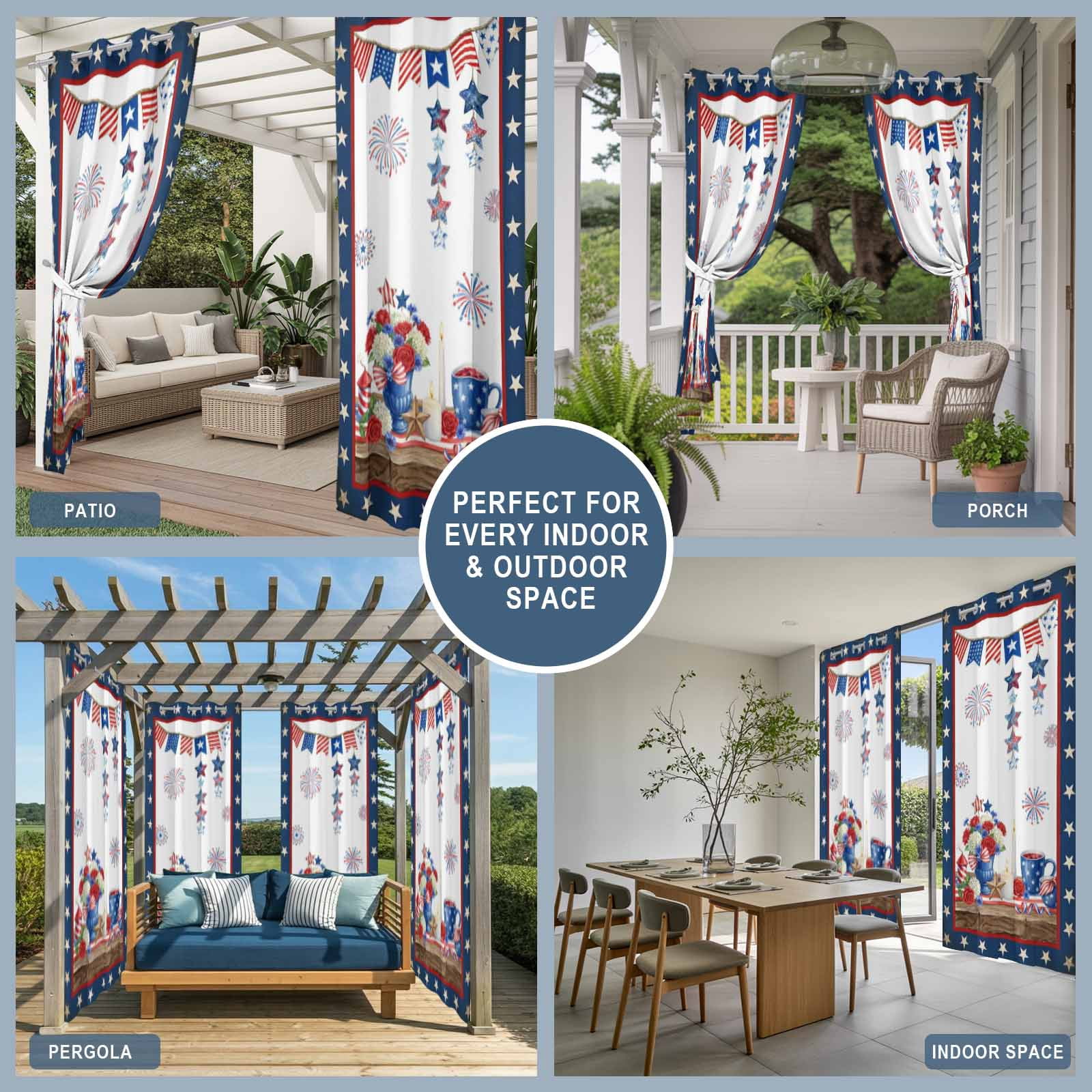 Independence Day Outdoor Curtains for Patio, Retro Red Blue USA Flag Floral Star Sunshade Privacy Drapes Grommet Waterproof Outside Curtains for Porch/Cabana/Balcony 54"x 108", 1 Panel