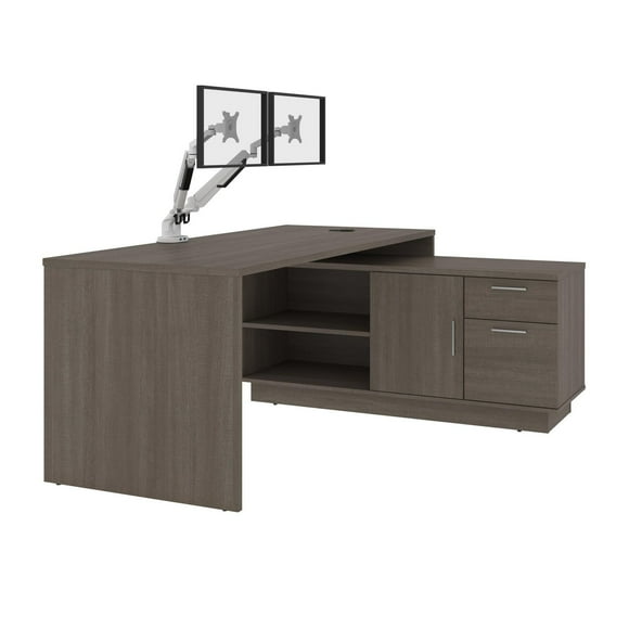 Bureau en L 72L avec supports pour moniteurs Equinox de Bestar, gris écorce et blanc