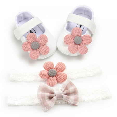 

Autumn Baby Girl Anti-Slip Casual Walking Shoes Soft Soled Shoes+2 Headband 3 Suit Flower Sneakers Soft Soled First Walkers