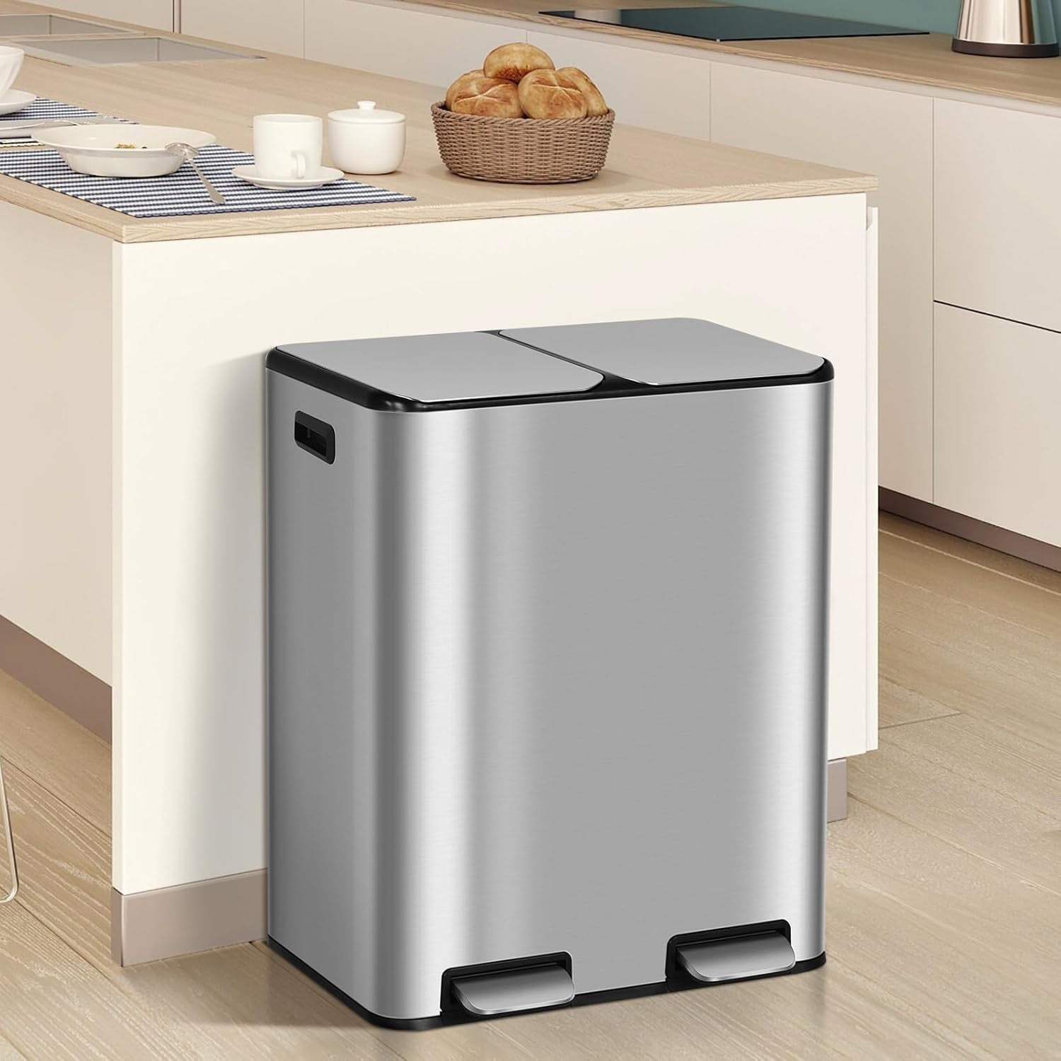 BENESKY 16 Gallon Stainless Steel Trash Can, 60L Dual