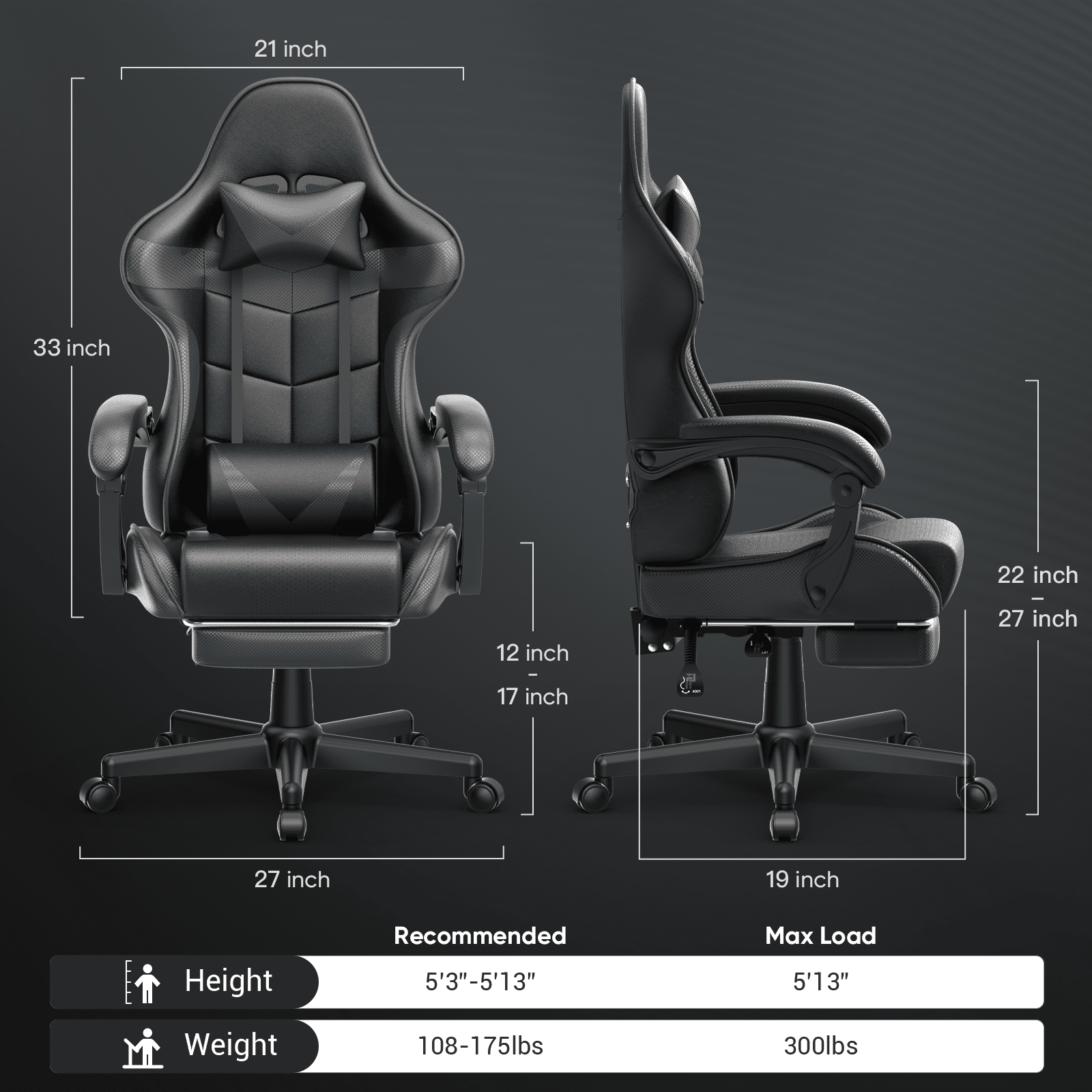 Soontrans Gaming Chair with Footrest, High Back Game Gamer with Massage Lumbar Pillow Compuer Chair for Adult , Black