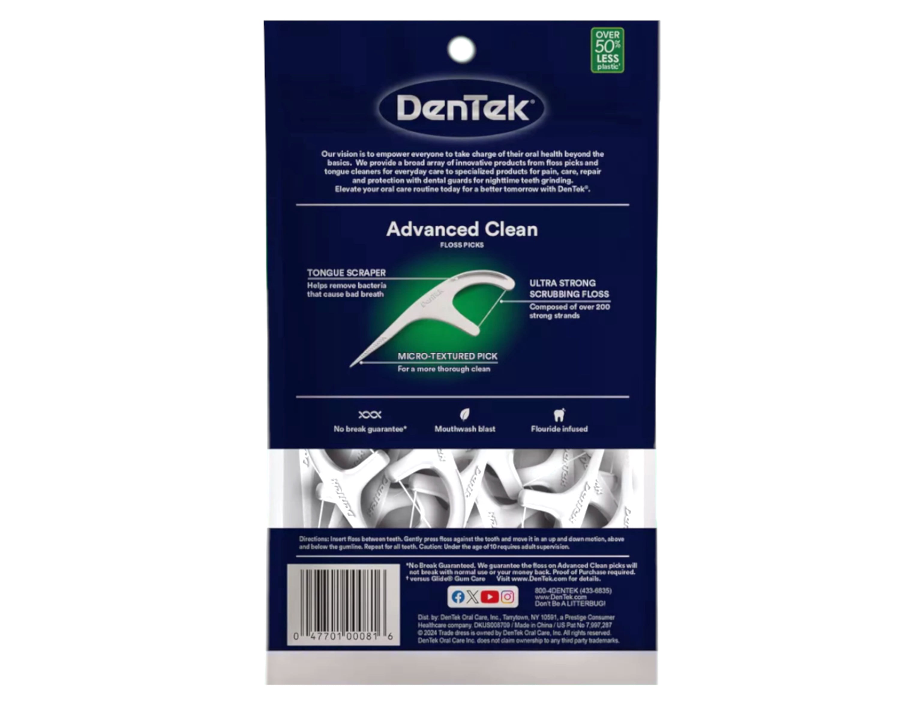 DenTek Advanced Clean Triple Clean Floss Picks, Removes Plaque and Bacteria, Micro-Textured Pick, 90 Count (Pack of 6)