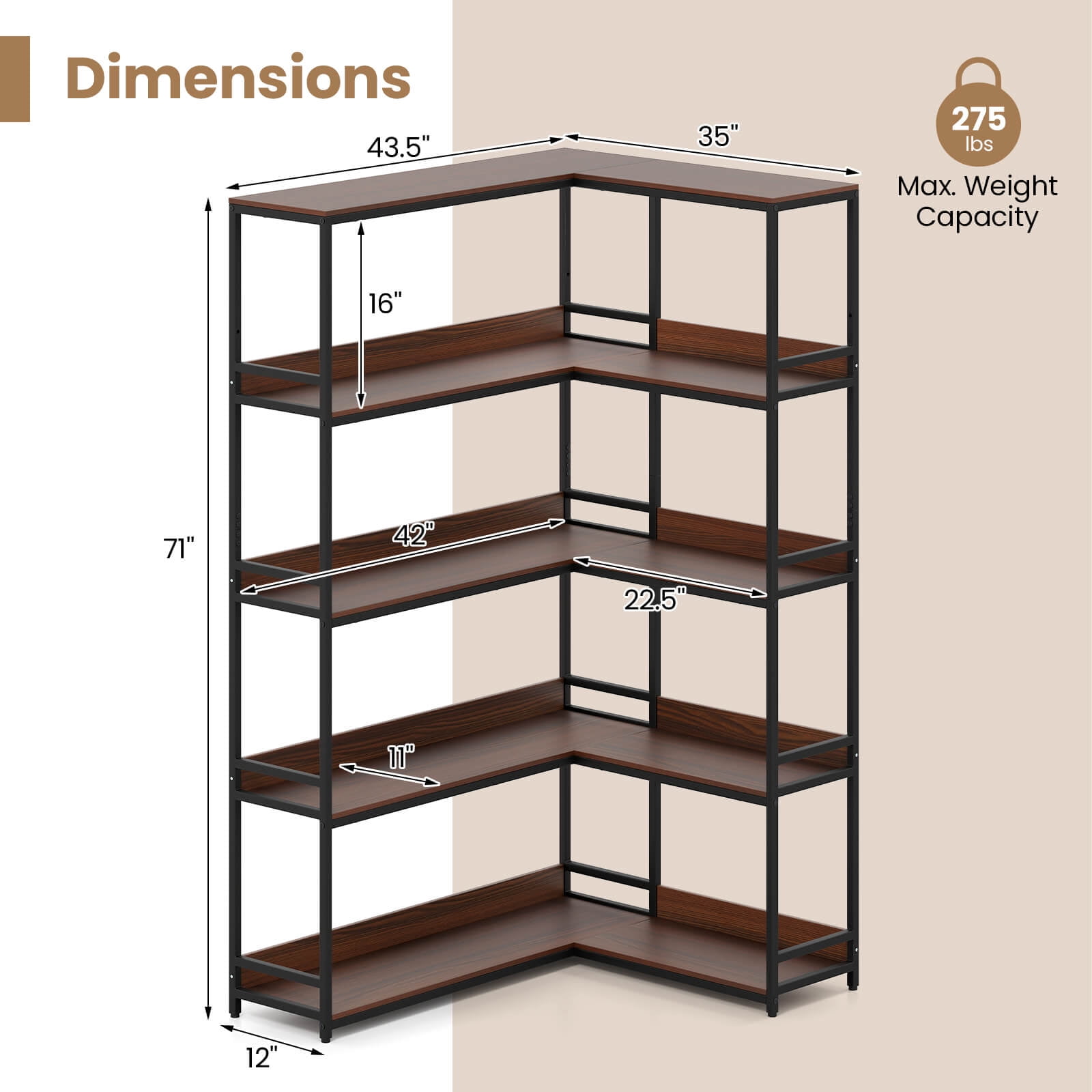 Costway Corner Bookshelf 5-Tier L-Shaped Bookcase 71" Tall Etagere Bookshelf Walnut