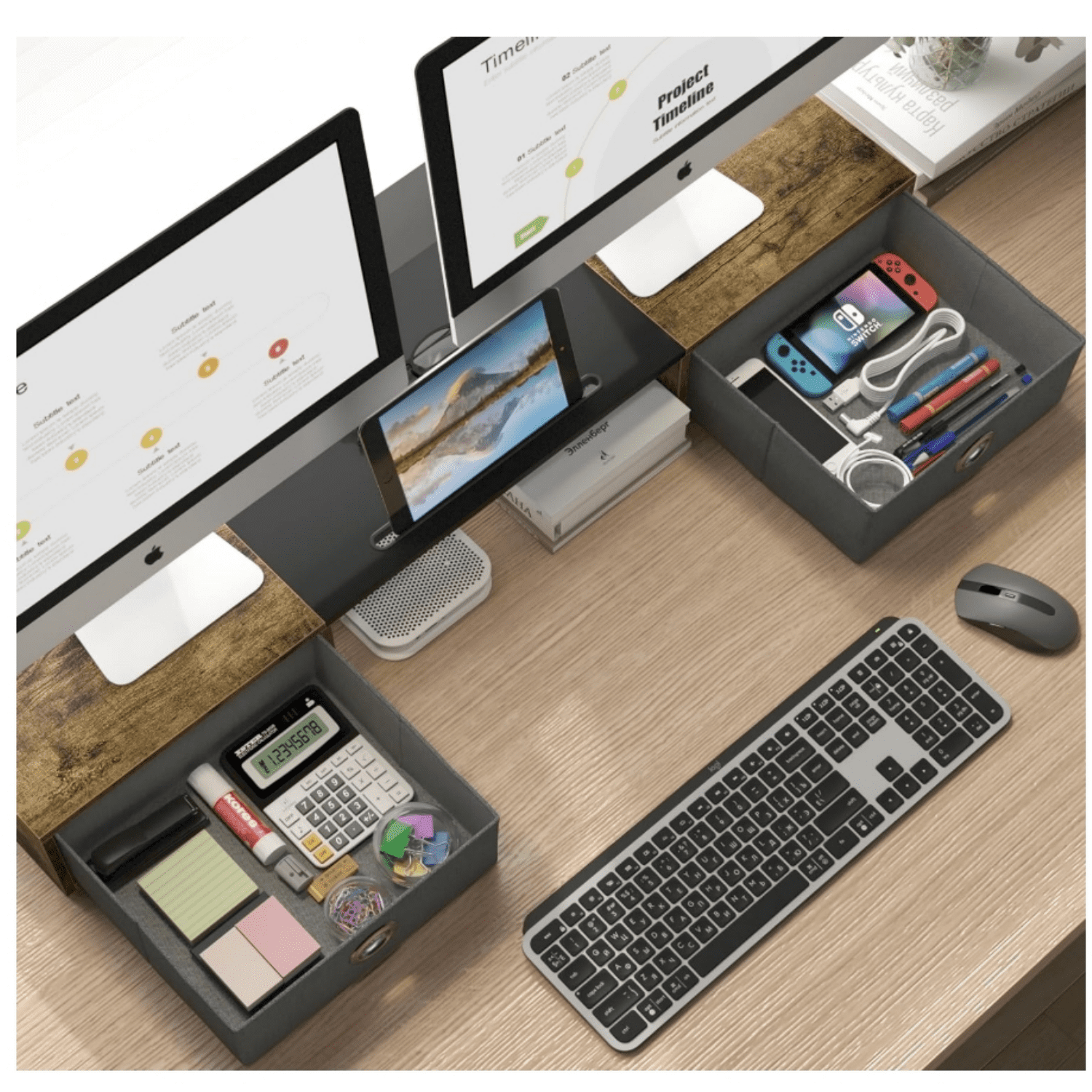 Dual Monitor Staniser with Two Drawers, Extra Large Storage for 2 Monitors, Desktop Oraganizer Computer,Laptop,Screen,Printer,TV