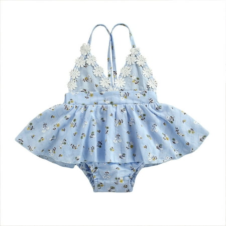 

ZIYIXIN Lovely Baby Girls Romper Dress Flowers Printed V Neck Sleeveless Jumpsuits Blue 12-18 Months