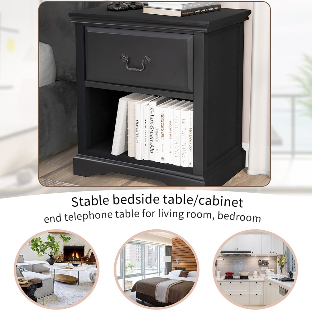 Lowestbest Modern Solid Wood Bedside Table, Living Room Side Table Coffee Table with 1 Drawer, Black Lowestbest Modern Solid Wood Bedside Table, Living Room Side Table Coffee Table with 1 Drawer, Black